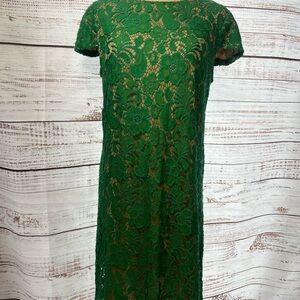 Saks Fifth Avenue Black Women Shift Dress SZ 10 Medium Green Lace Floral Stretch